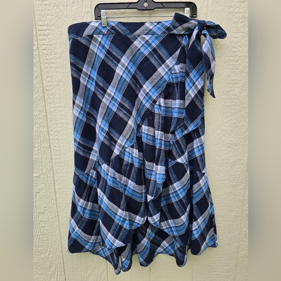 Ralph Lauren Asymmetrical Blue Plaid Skirt RuffleWrap Tie Waist 16